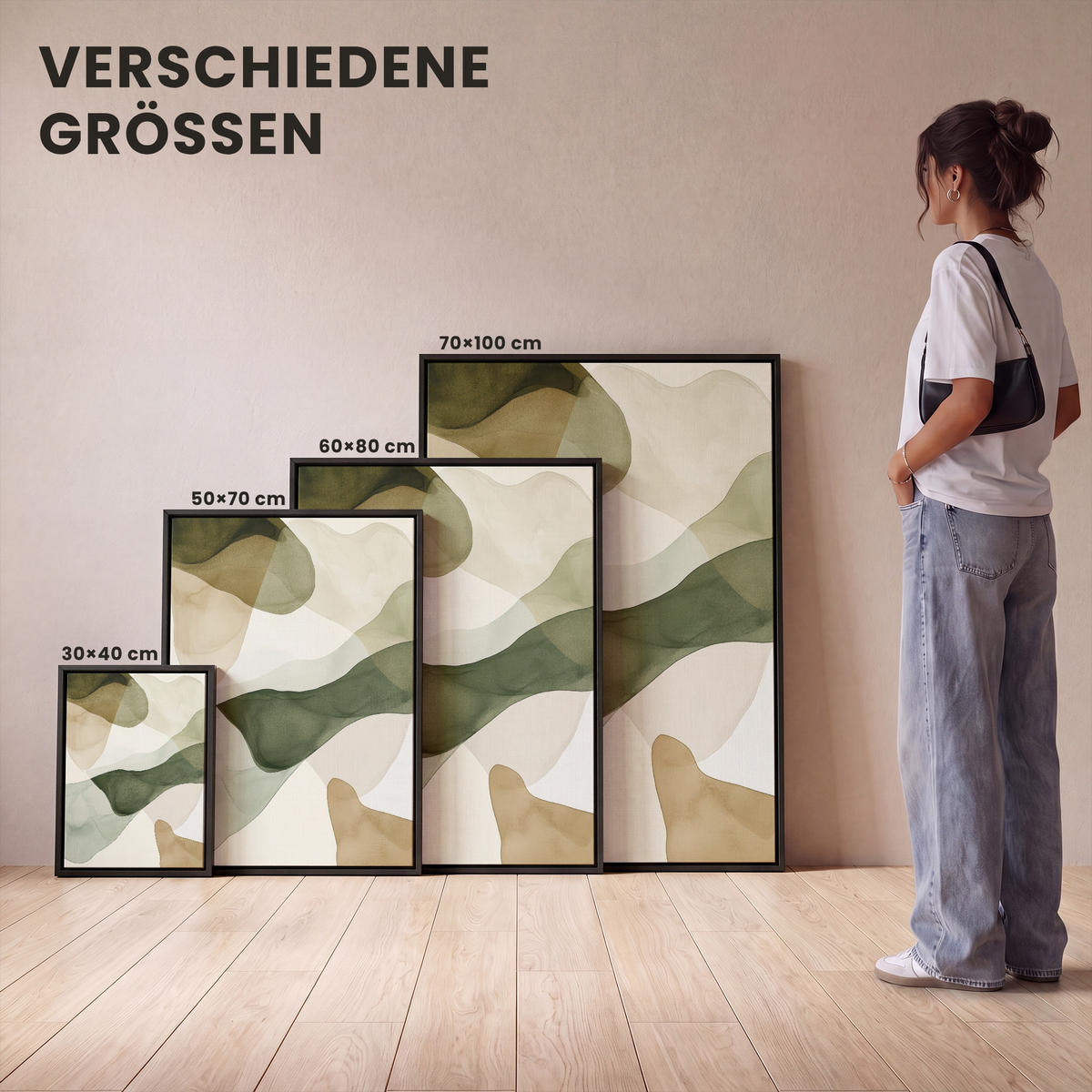 LEINWAND Bilder mit Rahmen - Japandi - Abstrakt - Grün - 50x70 - Salbeigrün, Textil (50/70cm) - MuchoWow