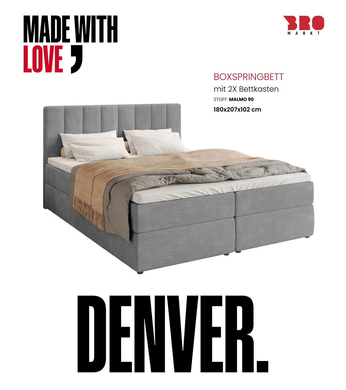 BOXBETT Denver mit Topper 180/200 Hellgrau - Hellgrau, Holzwerkstoff/Textil (180/200cm) - Bromarkt