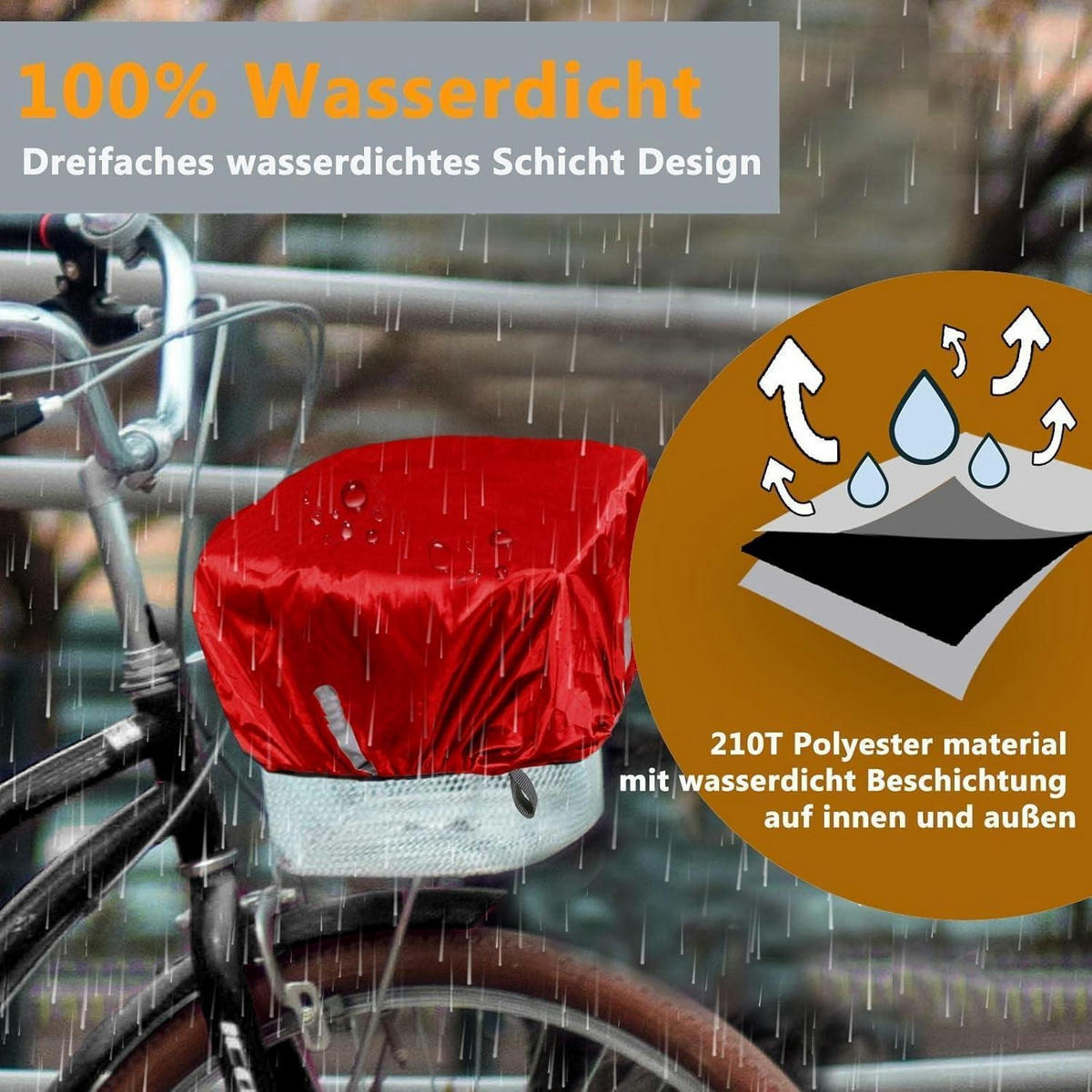 FAHRRADKORBABDECKUNG wasserdicht mit Reflektorstreifen bis 45x45cm Rot - Rot, Textil (30/45/45cm)