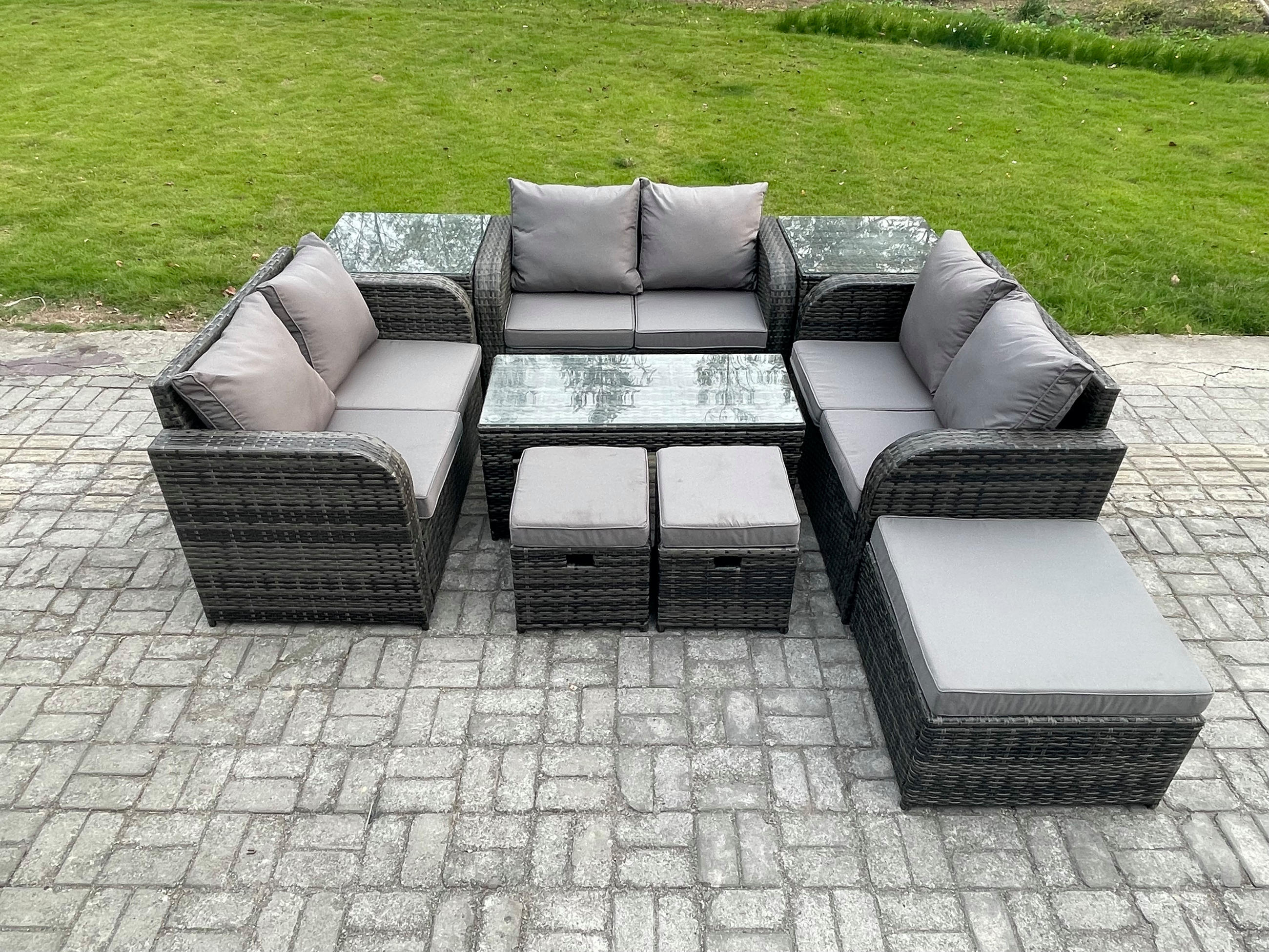 GARTENSOFA SET mit rechteckigem COUCHTISCH Polyrattan 9-Sitzer Dunkelgrau - Dunkelgrau/Grau, Glas/Kunststoff - Fimous