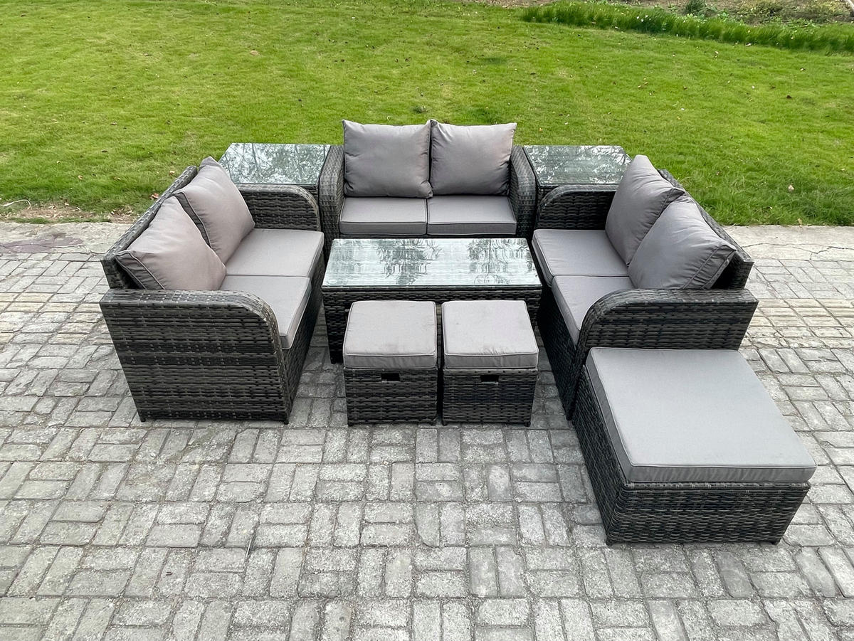 GARTENSOFA SET mit rechteckigem COUCHTISCH Polyrattan 9-Sitzer Dunkelgrau - Dunkelgrau/Grau, Glas/Kunststoff - Fimous