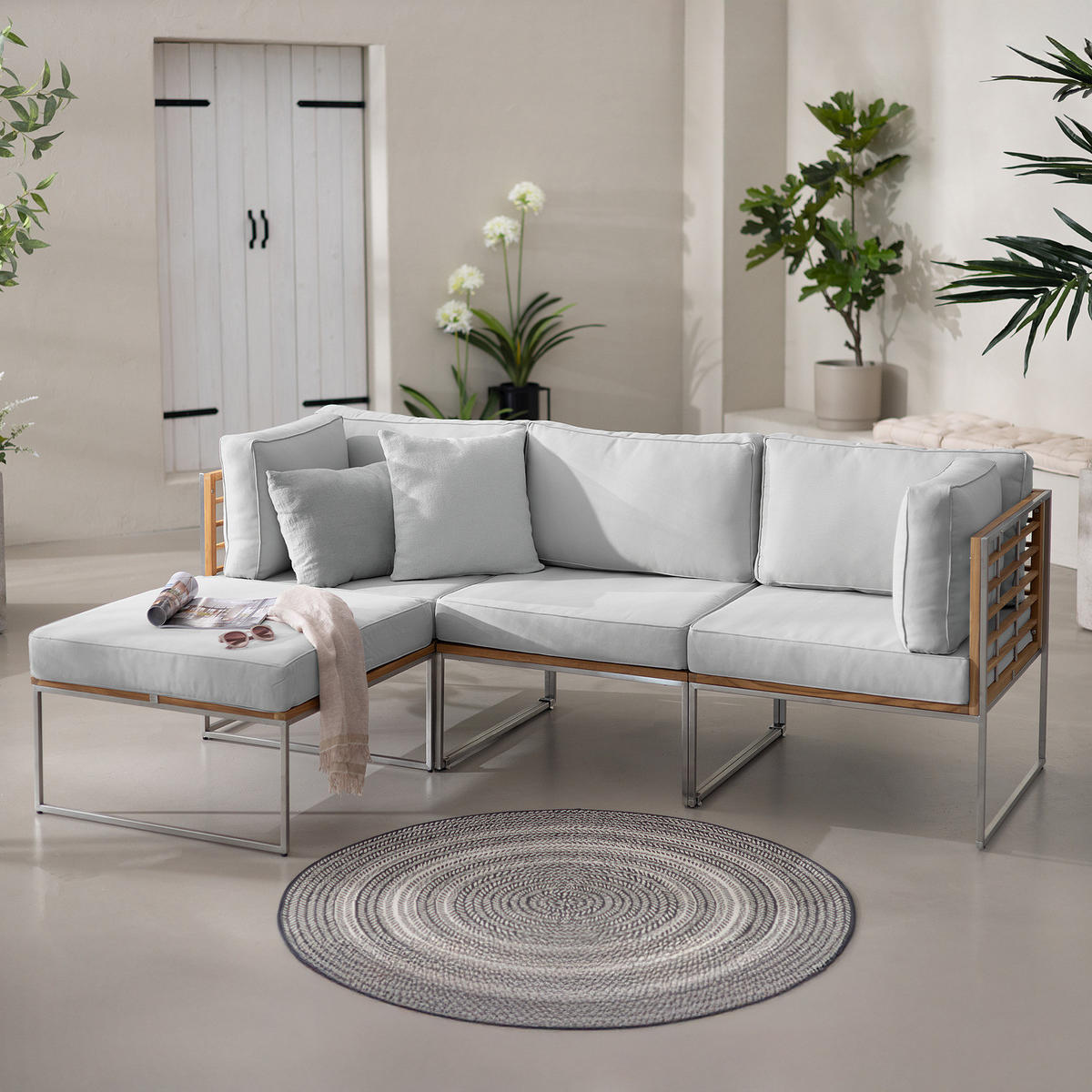 LOUNGESET - 4-teilig - Webstoff / Teak massiv - Hellgrau, Holz/Textil - home24