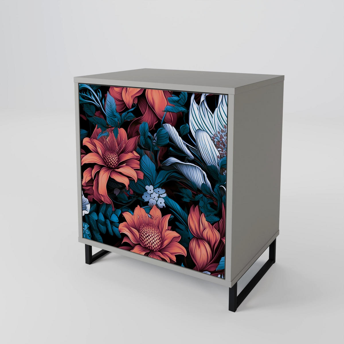 SIDEBOARD ETHEREAL BLOSSOMS, Grau, 57,5x42x72,5 cm, Schwarze Metallfüße - Multicolor/Schwarz, Holzwerkstoff/Metall (57.5/72.5/42cm) - SpaceRebels
