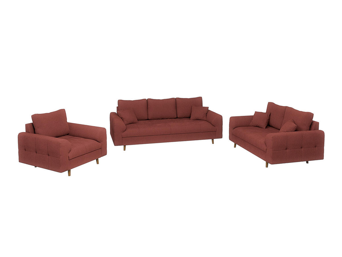 SITZGARNITUR 3+2+1 Alma Terrakotta Cord - Terracotta/Schwarz, Holz/Textil (210/81/93cm) - S-Style Möbel