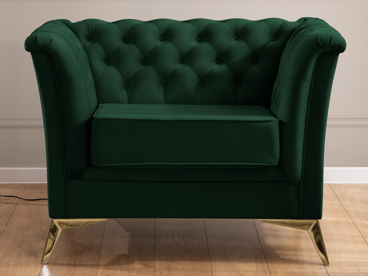 SITZGARNITUR 3+1 Chesterfield Whitby Flasche Grün Samt mit goldenen Füßen - Dunkelgrün/Goldfarben, Holz/Textil (237/78/82cm) - S-Style Möbel
