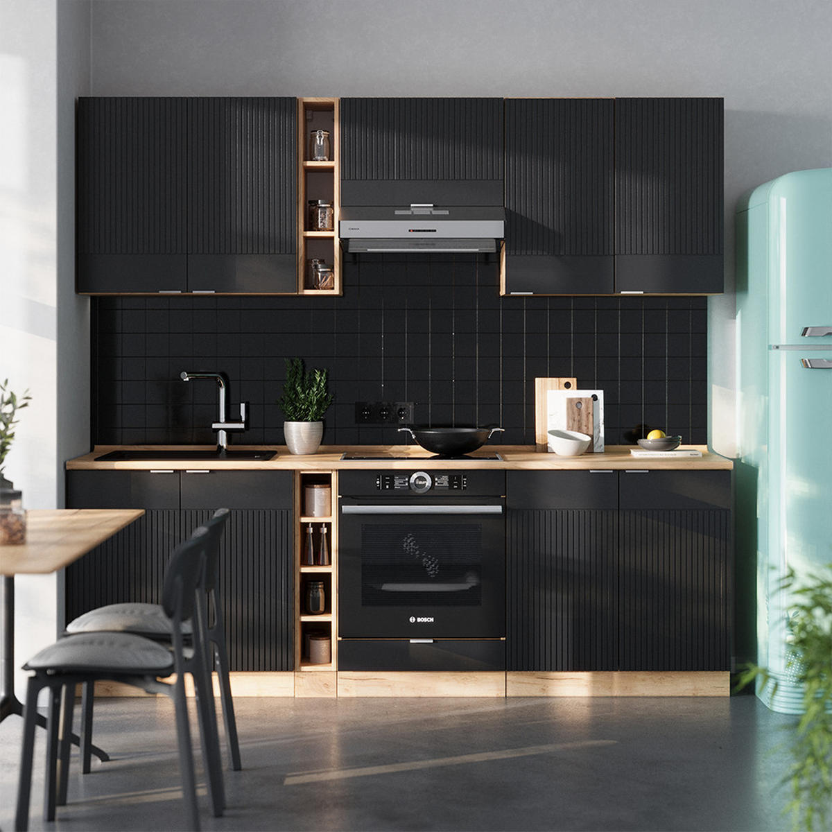 KUCHYŇSKÁ LINKA Fame-Line, černé pruhy/dub Goldkraft, 235 cm, AP antracit - medově dubová/černá, kompozitní dřevo (235/81.6/60cm) - Vicco