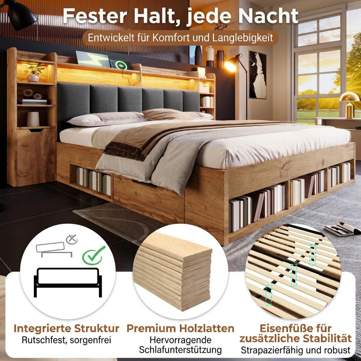 POLSTERBETT 180/200 cm Eiche mit LED-Beleuchtung, USB- und Type-C-Anschlüssen und Rollschubladen - Eichefarben, Holz (180/200cm) - Oxeza