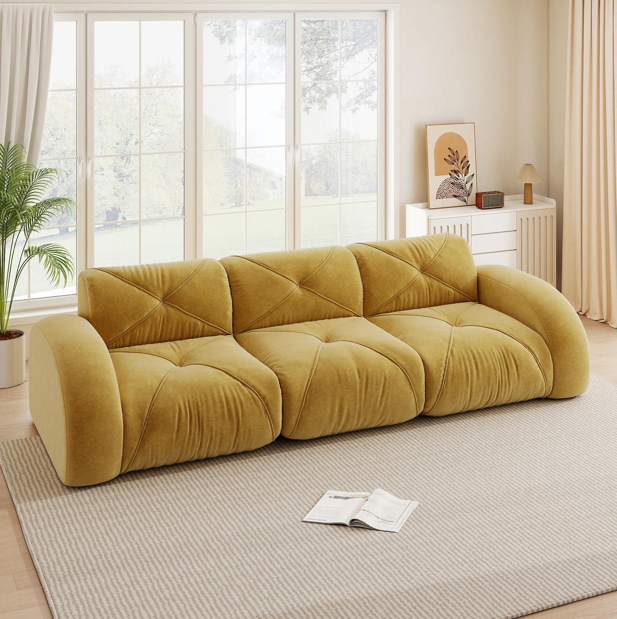 MODULÁRNÍ pohovka z chenillu 281x95x76 cm žlutá bez montáže, bezrámové provedení a měkké sezení - žlutá, textil (281/76/95cm) - Modfu
