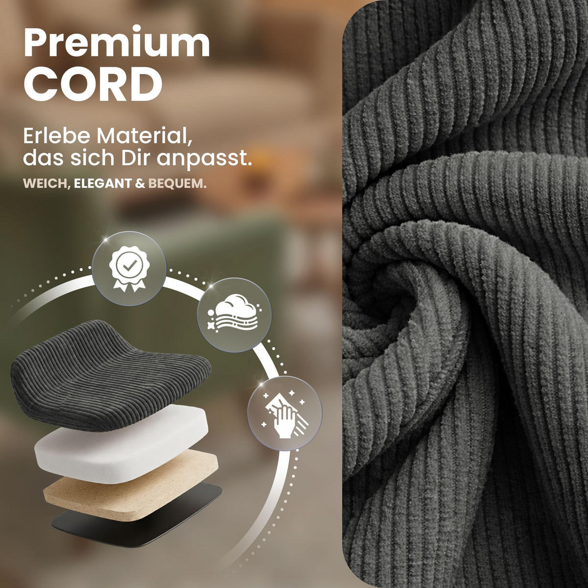 ARMLEHNENSTUHL Cord Grau - Schwarz/Grau, Textil/Metall (59/87/59cm) - CLP