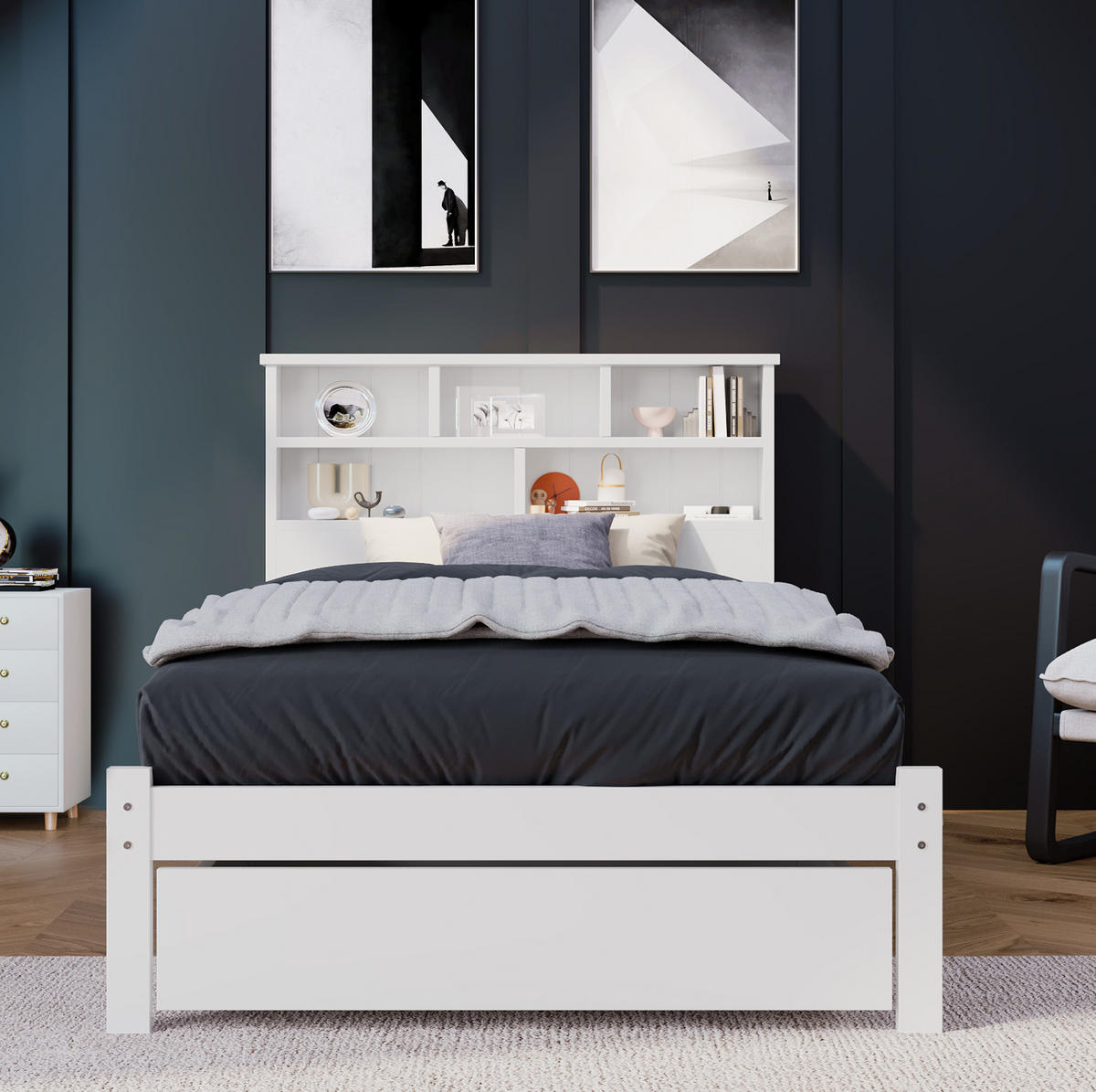 BETT 90/200 cm Weiß aus Massivholz mit Schubladen und Bücherregal-Kopfteil - Weiß, Holz (90/200cm) - Flora Grace