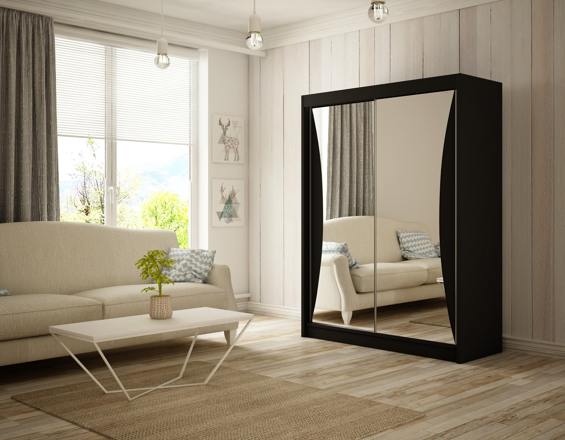 KLEIDERSCHRANK TIWAN mit Spiegel - 200 cm - Schwarz - Schwarz, Holzwerkstoff (200/215/61cm) - ALTDECOR