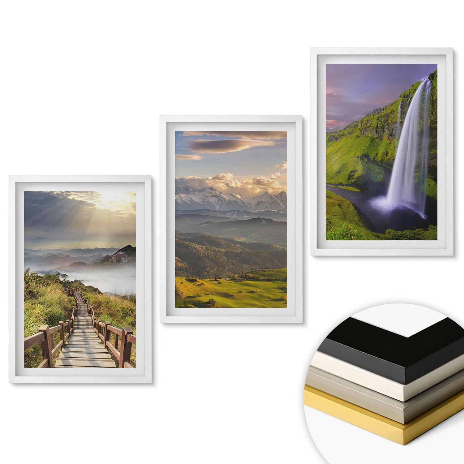 WANDBILDER 3er-Set - 40x60 cm Weißer Rahmen - Berglandschaften Wasserfall - Weiß, Kunststoff (40/60cm) - ArtPrintCave