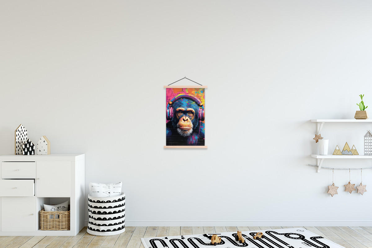 POSTER Graffiti - Schimpanse - Straßenkunst - Kopfhörer - Affe 40x60 cm - Blau, Textil (40/60/0.15cm) - MuchoWow