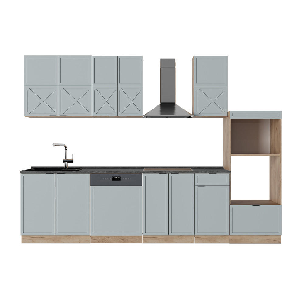 KÜCHENZEILE Fame-Line Hellblau-grau/Goldkraft Eiche 300 cm AP Anthrazit - Honigeiche/Blaugrau, Holzwerkstoff (300/81.6/60cm) - Vicco