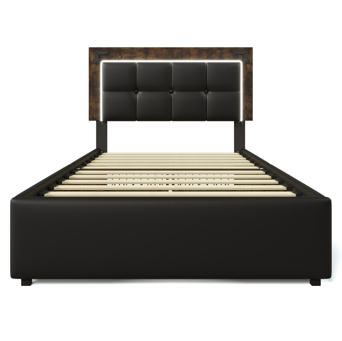 POLSTERBETT 90/200 cm Schwarz mit LED-Beleuchtung und höhenverstellbarem Kopfteil - Schwarz, Kunststoff (90/200cm) - OKWISH