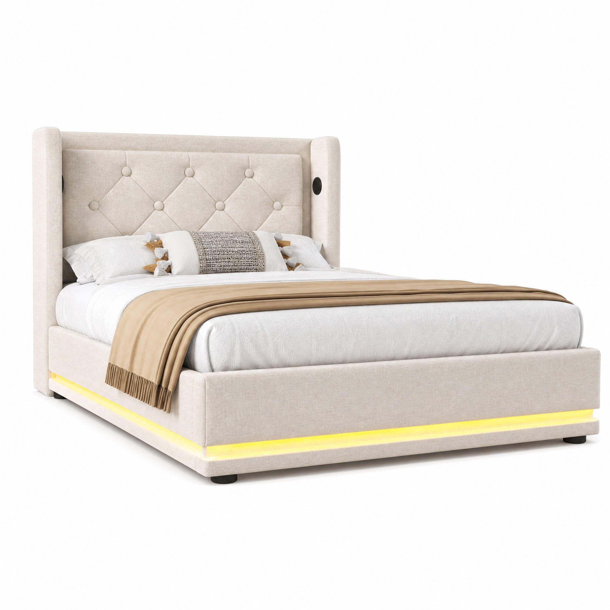 BETT mit Stauraum, LED & USB 90x200 cm Beige Baumwolle - Beige, Metall (90/200cm) - Meubliv