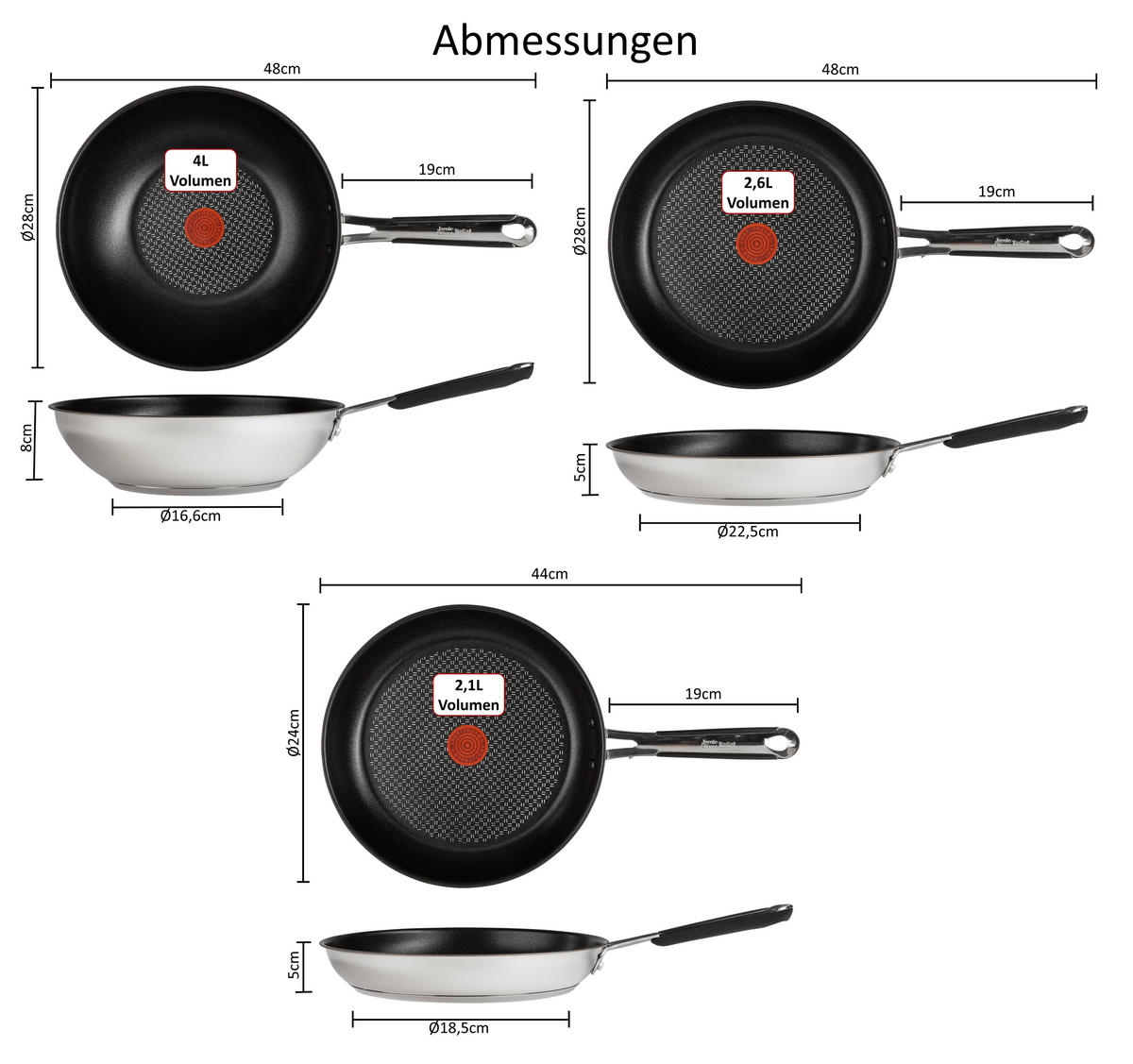PFANNENSET Edelstahl E76 Jamie Oliver 6-Teilig – Bratpfanne 24/28 cm, Wok Ø28 cm, Glasdeckel, Pfannenwender & 3 Filzpfannenschoner, Induktion - Silberfarben/Schwarz, Keramik - Tefal