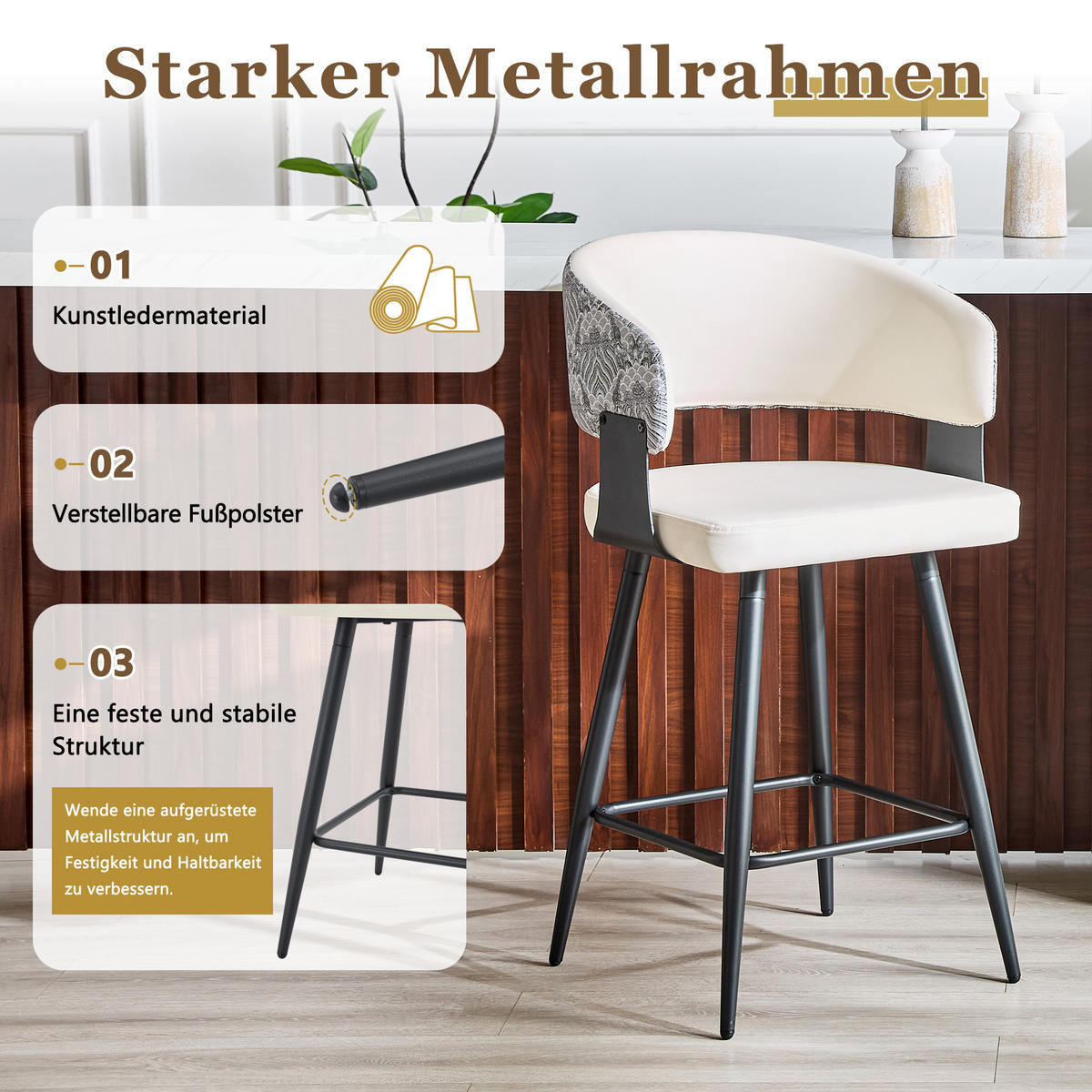 BARHOCKER DE-36674 2er Set mit PU-Bezug und Metallgestell Creme - Creme, Metall (47/94.5/46cm) - ComfortXL