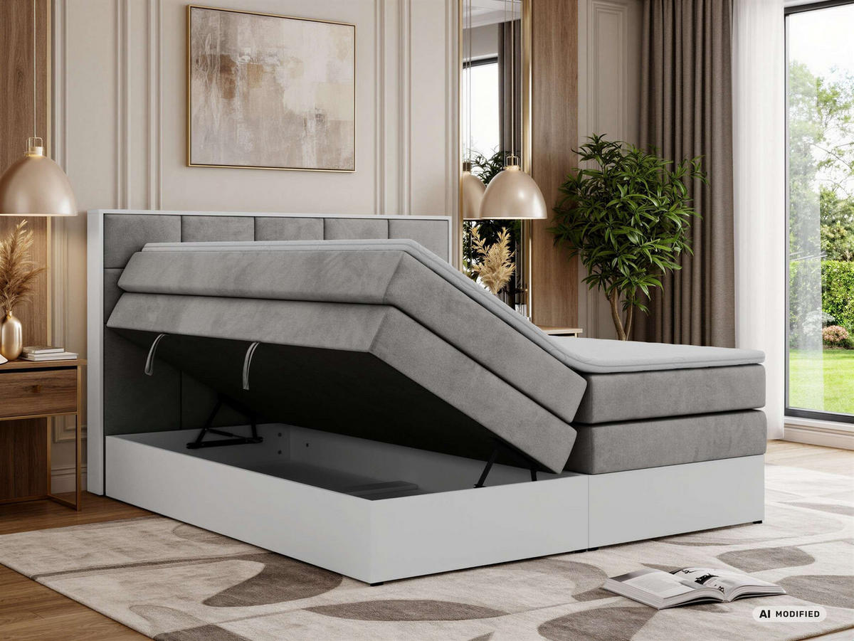BOXSPRINGBETT ALVIT KING 180/200 - Hellgrau Velvet - Topper T25 - H4 - Hellgrau/Schwarz, Kunststoff/Textil (180/200cm) - MKS