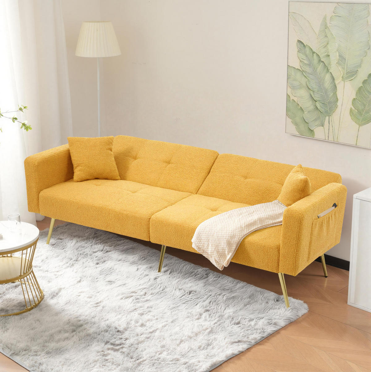 SCHLAFSOFA aus Sherpa 175x64x72 cm in Gelb mit Schlaffunktion & Seitentaschen - Gelb, Textil (175/72/64cm) - Modfu