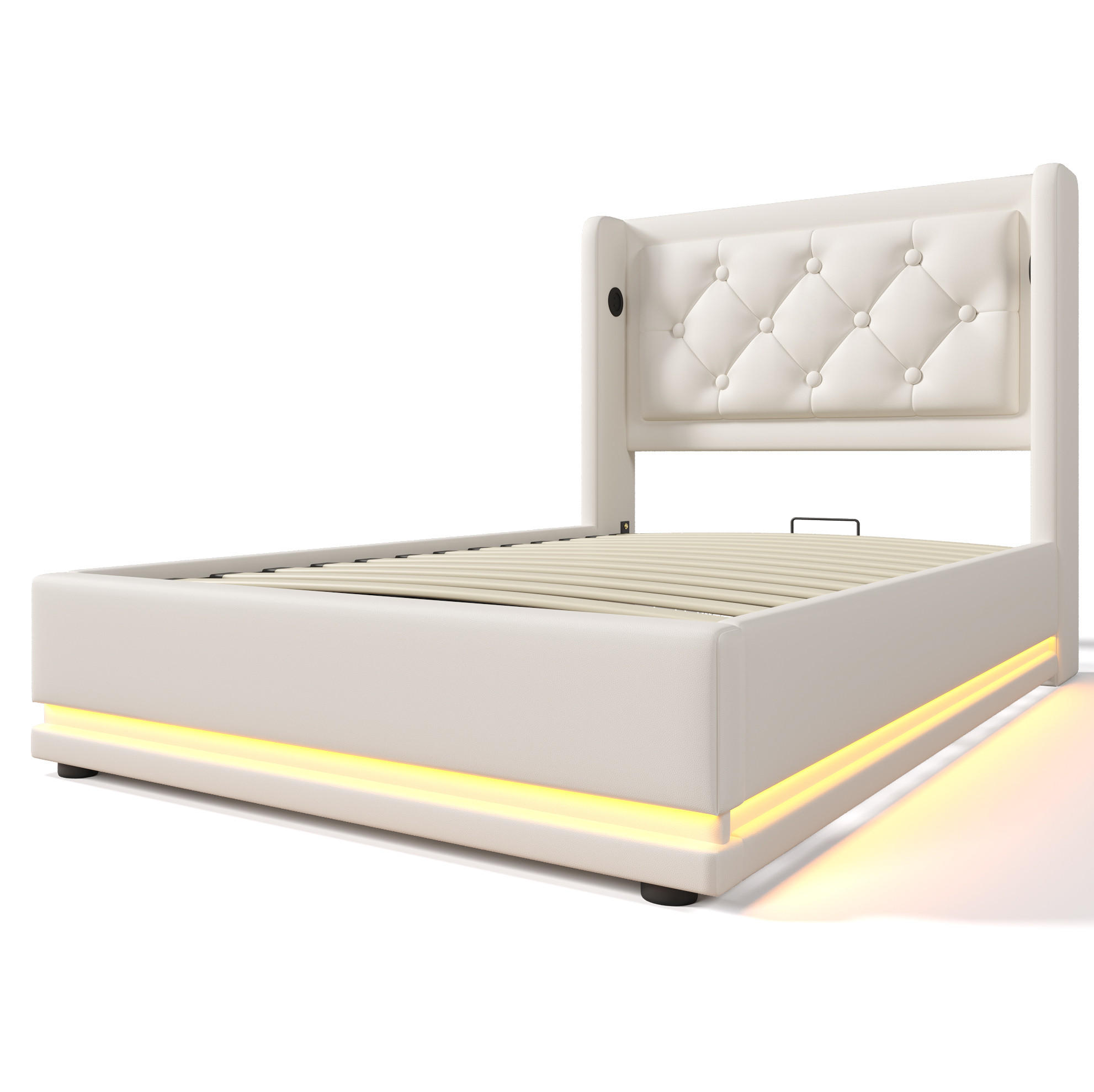 Modfu ČALOUNĚNÁ postel z PU 90x200 cm bílá s hydraulickým úložným prostorem, LED osvětlením a USB/Typ-C nabíjením