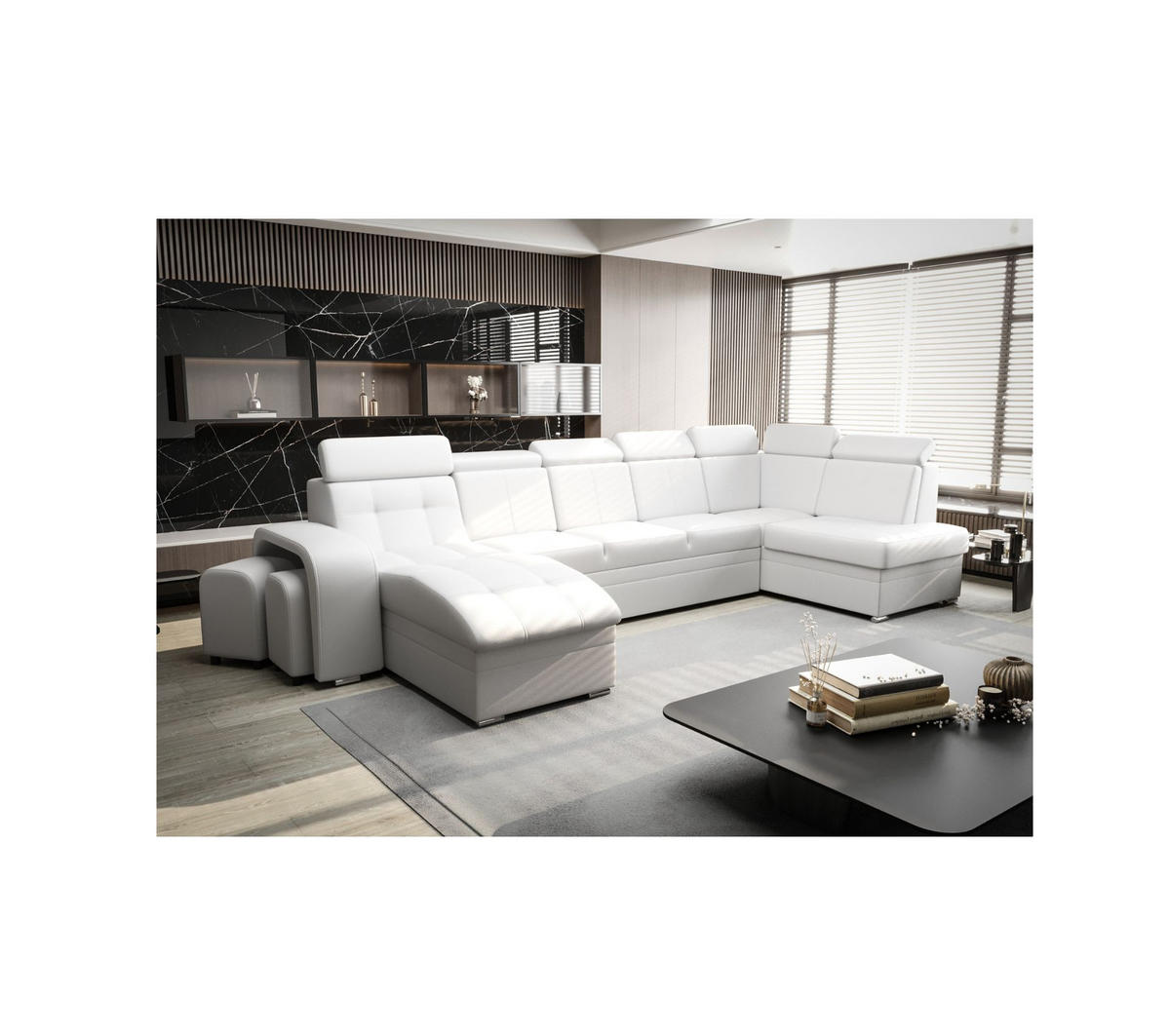 WOHNLANDSCHAFT KONGO RBN13, Eckcouch in U-Form mit Schlaffunktion, Farbe: Weiß, Kunstleder, Ottomane Links - Weiß, Textil (392/108/180cm) - O-Sofa