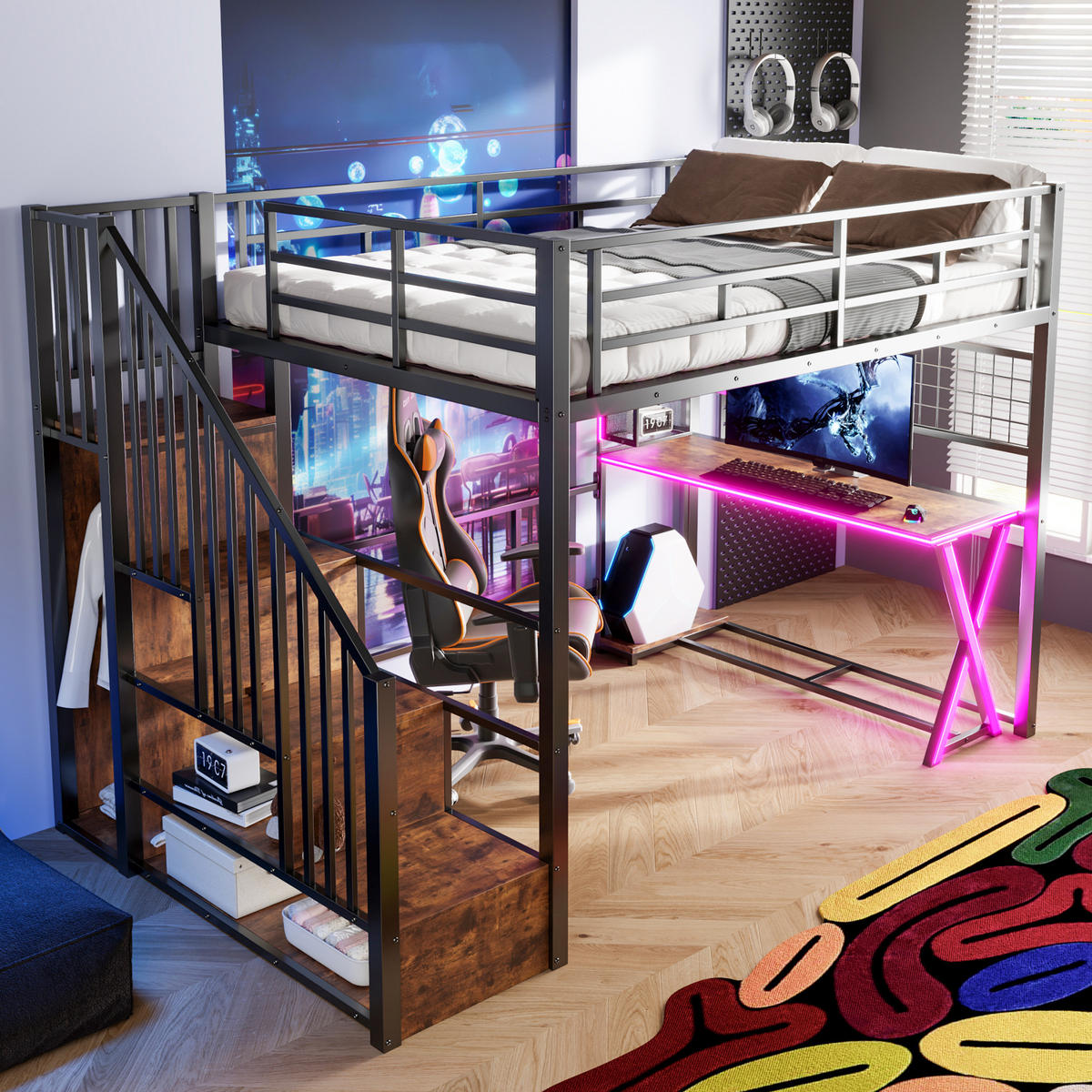 HOCHBETT 140/200 cm in Schwarz mit LED, Ablageleiter, Schreibtisch und Kleiderschrank - Schwarz, Holzwerkstoff/Metall (140/200cm) - WISHDOR