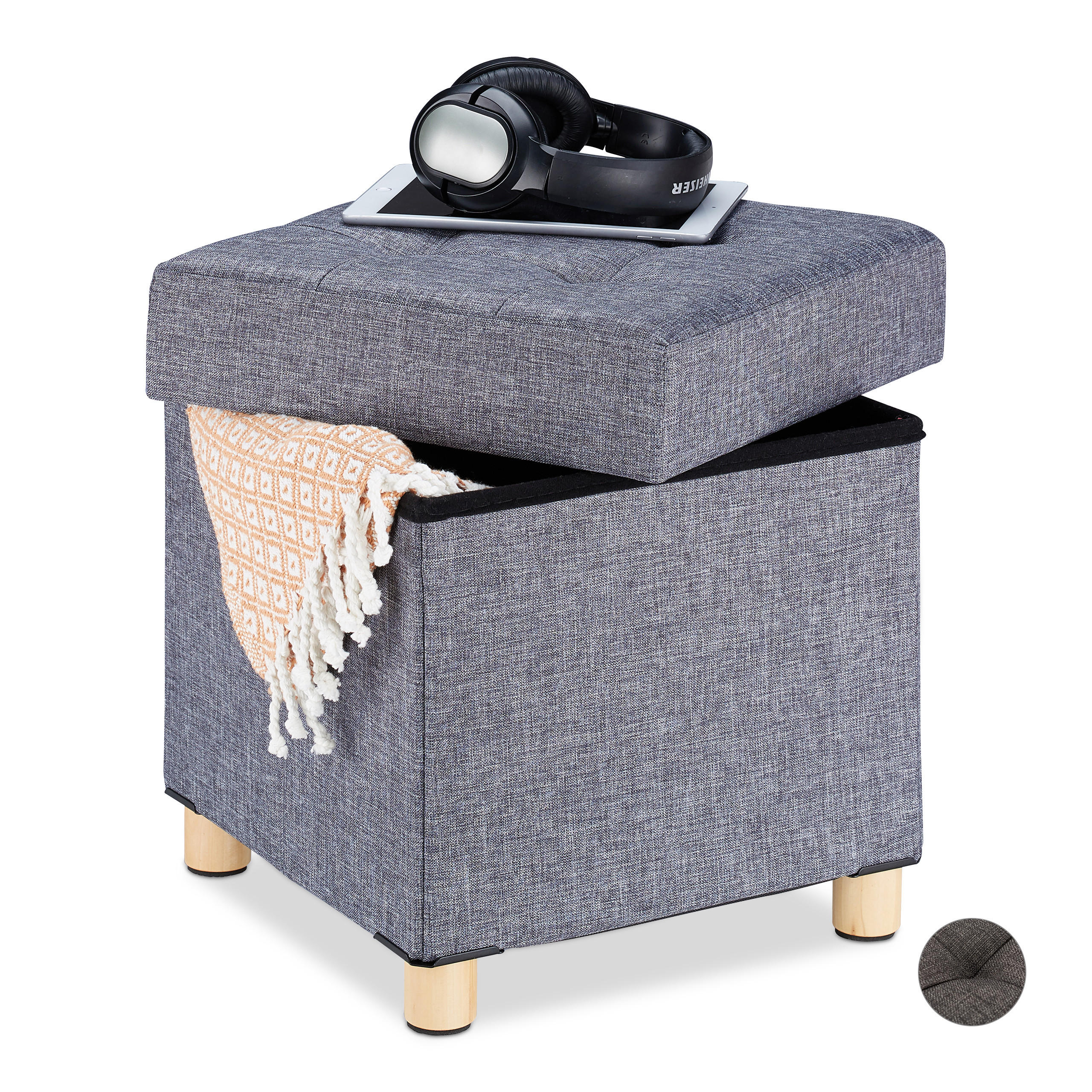 SITZHOCKER - Grau, Holzwerkstoff/Textil (38/40/38cm) - Relaxdays