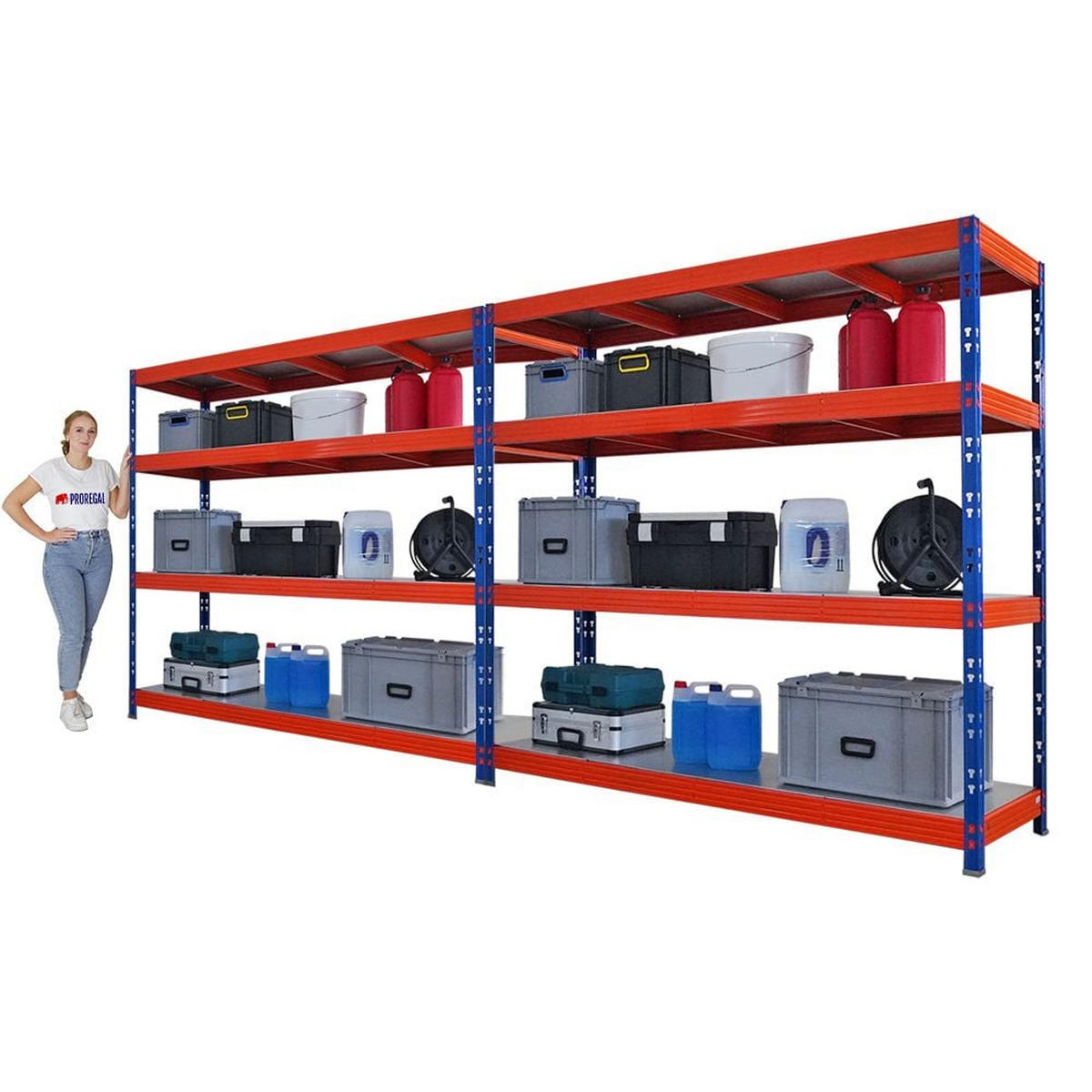 SCHWERLASTREGAL Dino 2er-Set 180x200x60cm 4 Stahlplatten-Ebenen Fachlast 500kg Blau-Orange - Blau/Orange, Metall (200/180/60cm) - PROREGAL