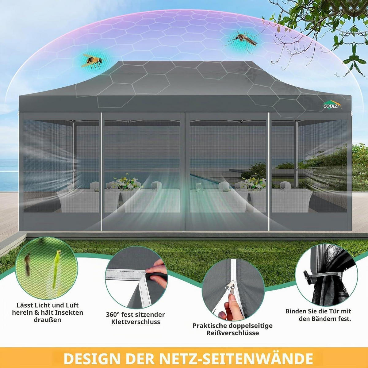 FALTPAVILLON 3x6m grau mit 6 Mesh-Seitenwänden - Grau, Textil (300/336/600cm)
