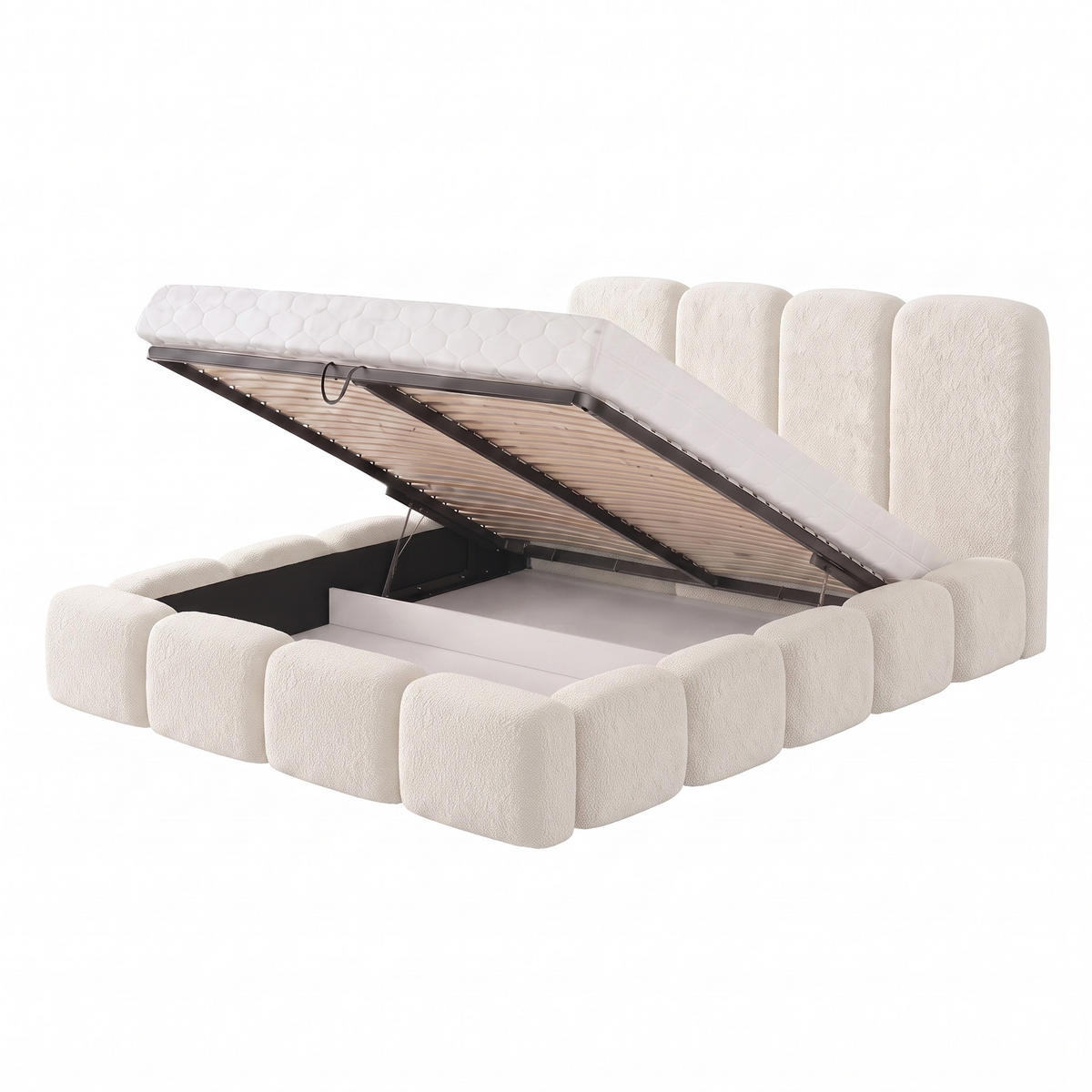 POLSTERBETT SUENO MAXI 160x200 cm in Creme, gepolstertes Kopfteil, Metalllattenrost, Bettkasten, Bouclé-Stoff - Creme/Naturfarben, Holz/Textil (160/200cm) - Muffo