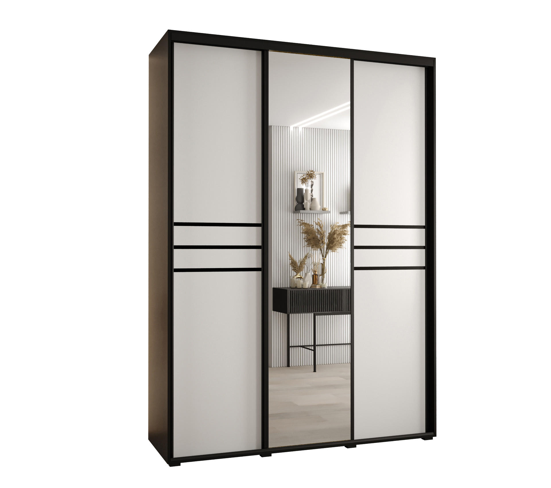 Abiks Möbel Schwebetürenschrank Schwarz, Weiß, Schwarz 180x235x45 cm