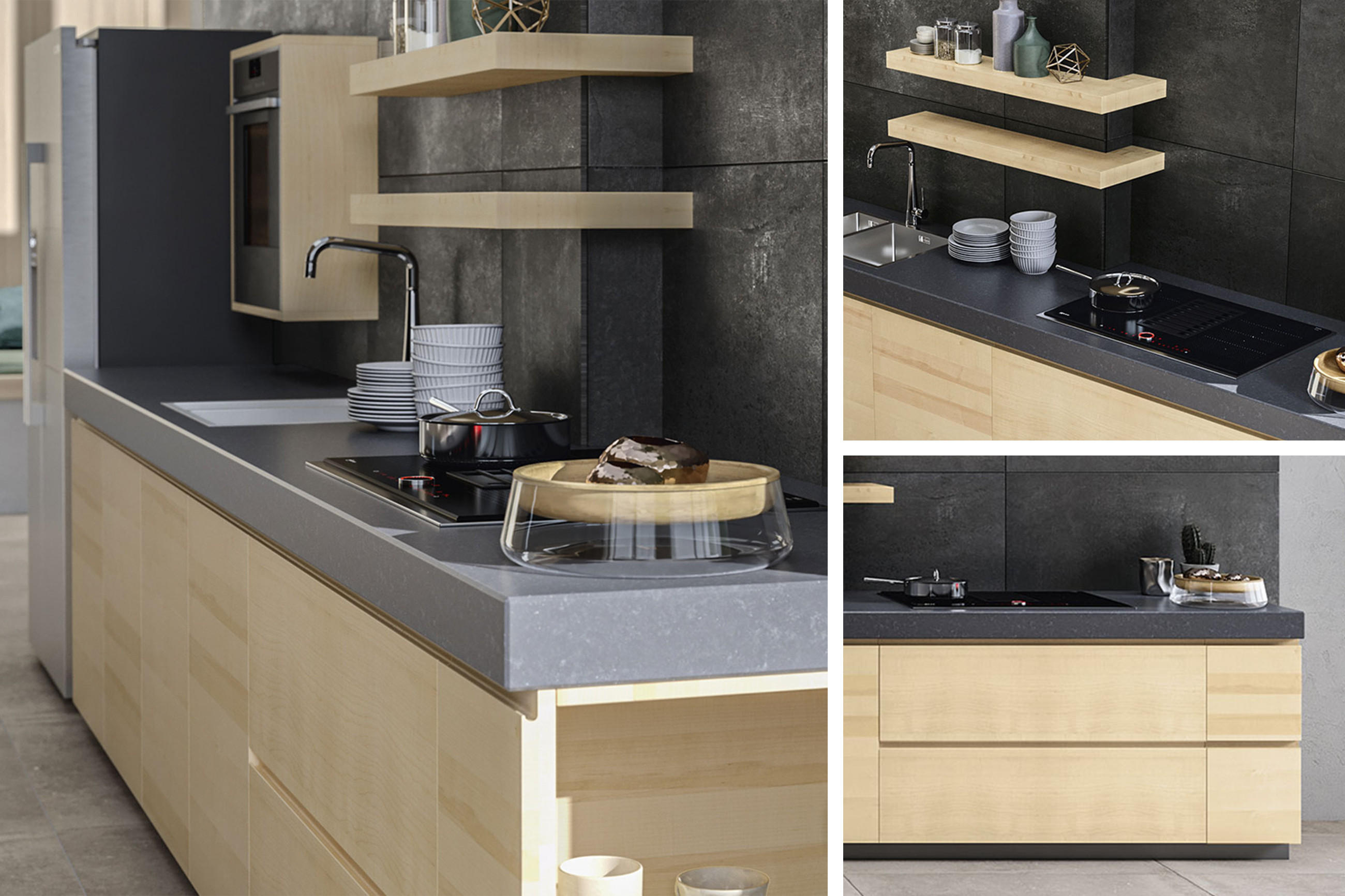 Collage zeigt 3 Detailaufnahmen einer modernen Holzküche mit Fokus auf die hochwertige Arbeitsplatte aus Keramik.