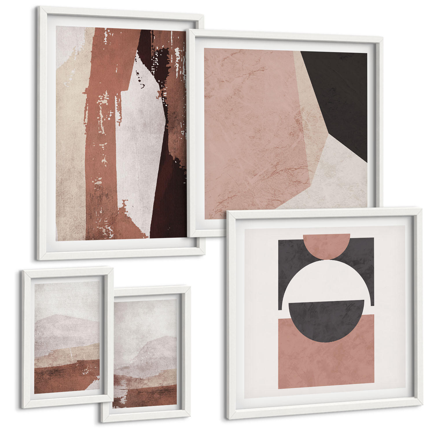 BILDER SET 5er Set - 50x50 cm & 20x30 cm & 40x60 cm Weißer Rahmen - Abstrakte braune Muster - Weiß, Kunststoff (40/60cm) - TULUP