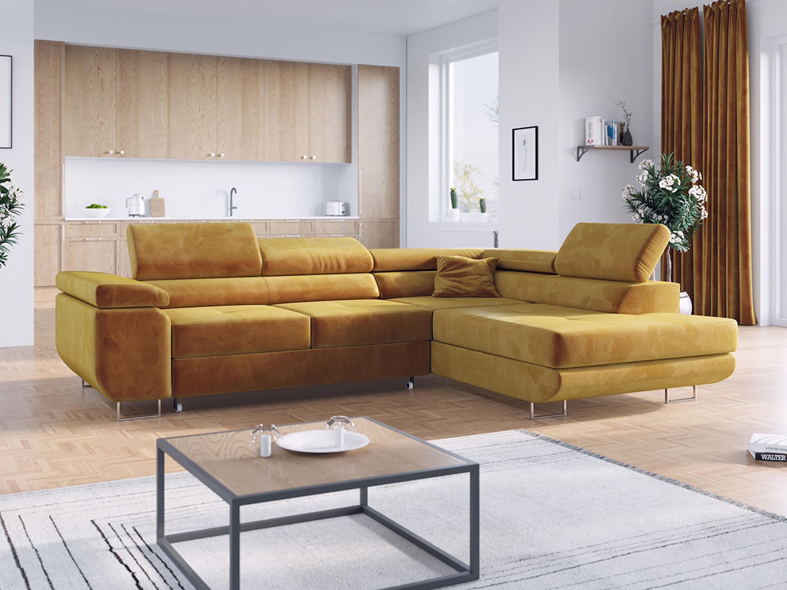 ECKSOFA GUSTAW L Gelb Velvet Rechts Seite - Gelb/Silberfarben, Textil/Metall (275/205cm) - MKS