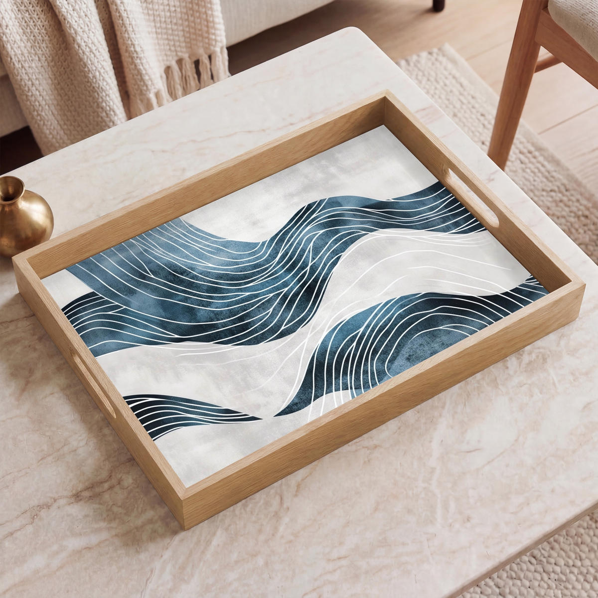 SERVÍROVACÍ PODNOS Čáry - vlny - abstraktní - modrá 50x35 cm - modrá, dřevo (50/5/5cm) - OnlyWow