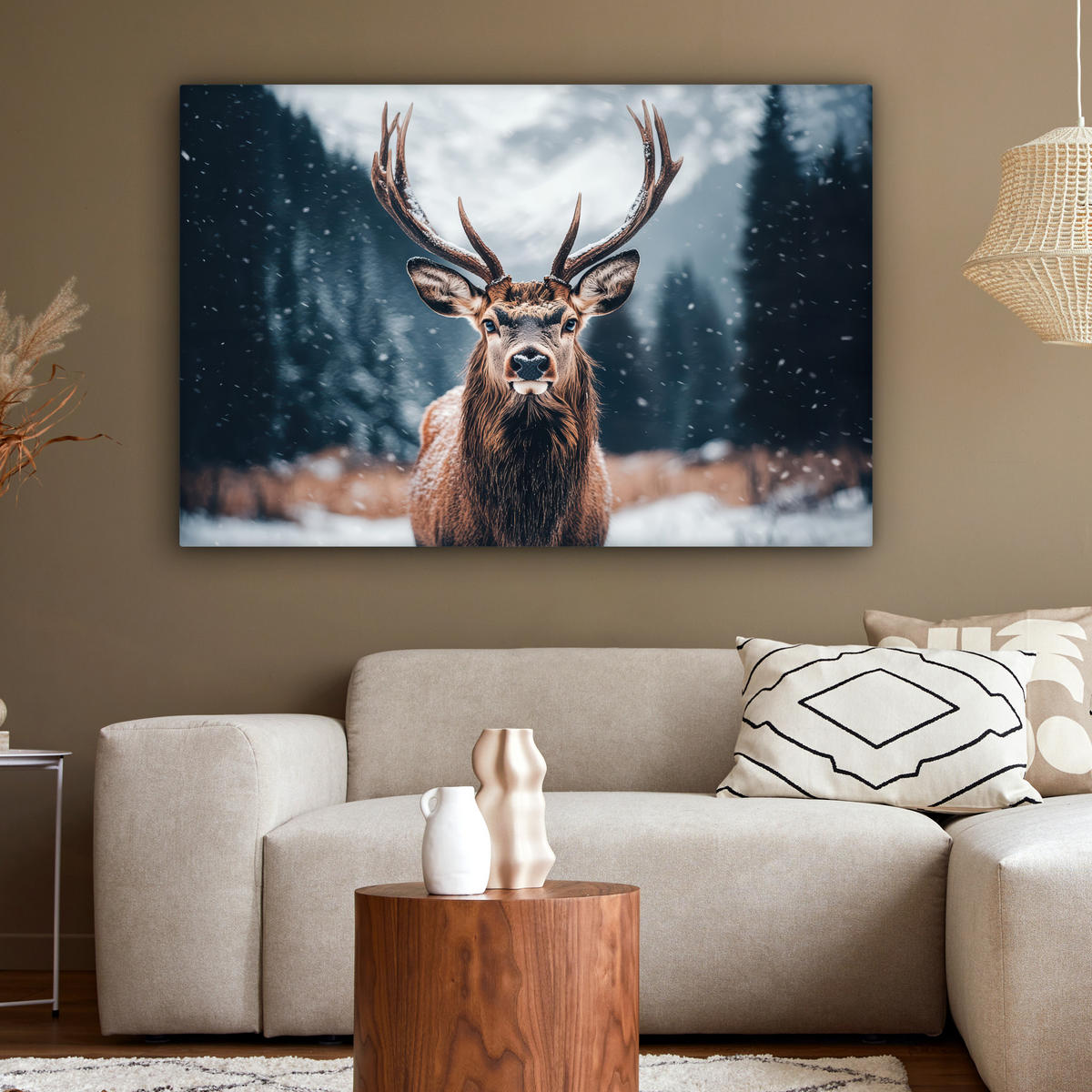 LEINWANDBILD Hirsche - Tiere - Landschaft - Winter - Schnee XXL 150x100 cm - Kastanienfarben, Textil (150/100cm) - MuchoWow