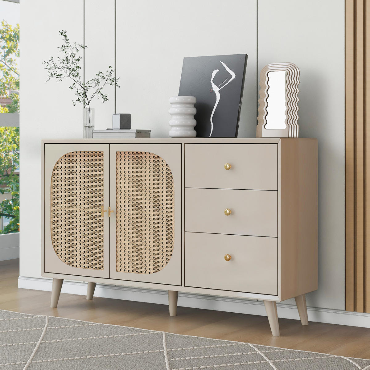KOMMODE mit 3 Schubladen und Rattan-Optik, 120 x 40 x 82,5 cm, Off-White, Spanplatte - Weiß, Holzwerkstoff (120/82.5/40cm) - SONNENH