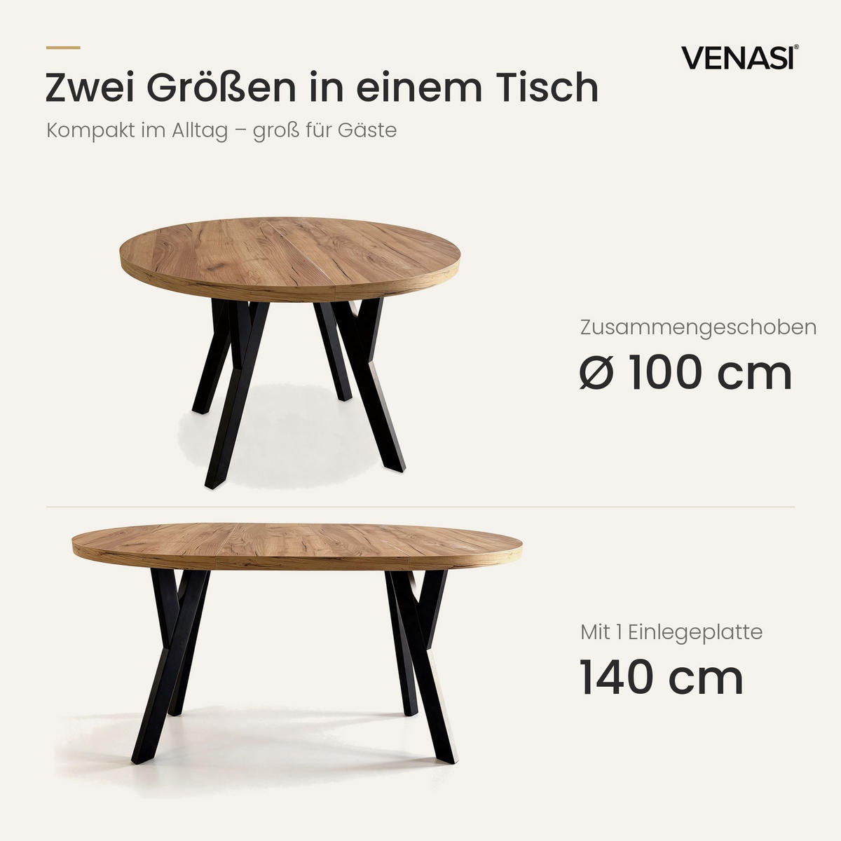 ESSTISCH ausziehbar rund 100-140 cm ATO Craft, Auszugstisch mit Einlegeplatte - Schwarz/Braun, Holzwerkstoff (100/100/77cm) - VENASI MÖBEL