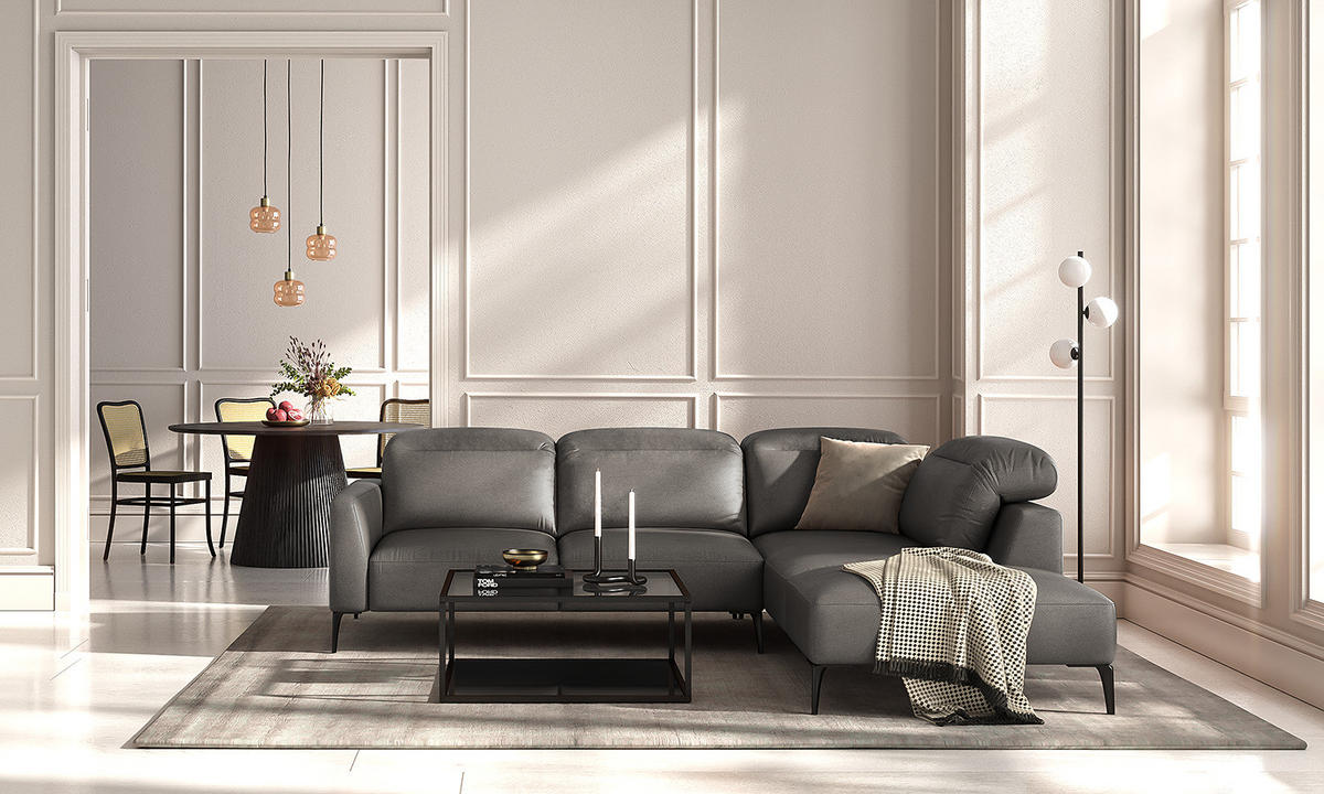 ECKSOFA mit Ottomane - Schwarz/Grau, Leder/Metall (263/238cm) - home24