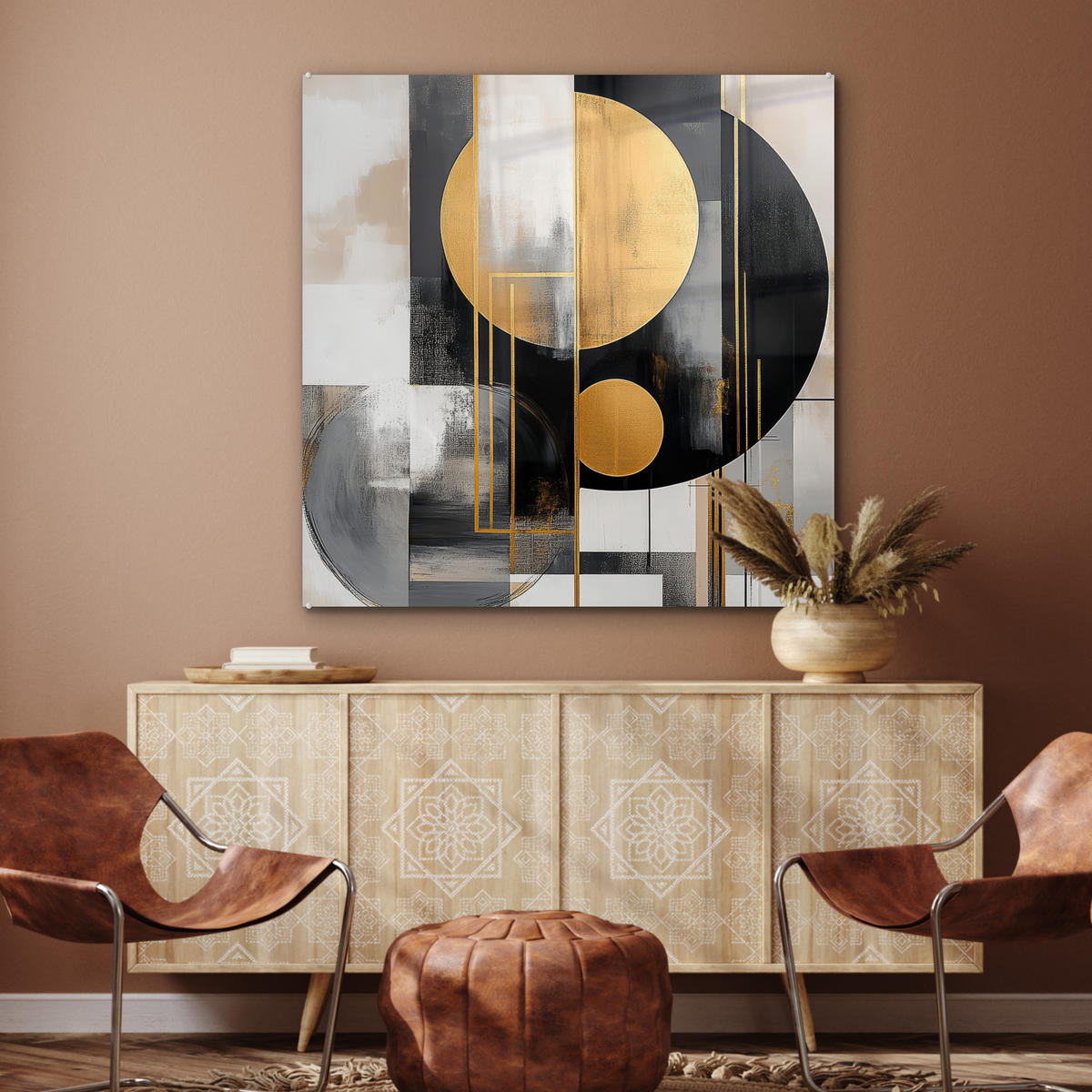 ACRYLGLASBILD Abstrakt - Gold - Silber - Formen - Ästhetisch - Modern 90x90 cm - Goldfarben, Glas (90/90cm) - MuchoWow