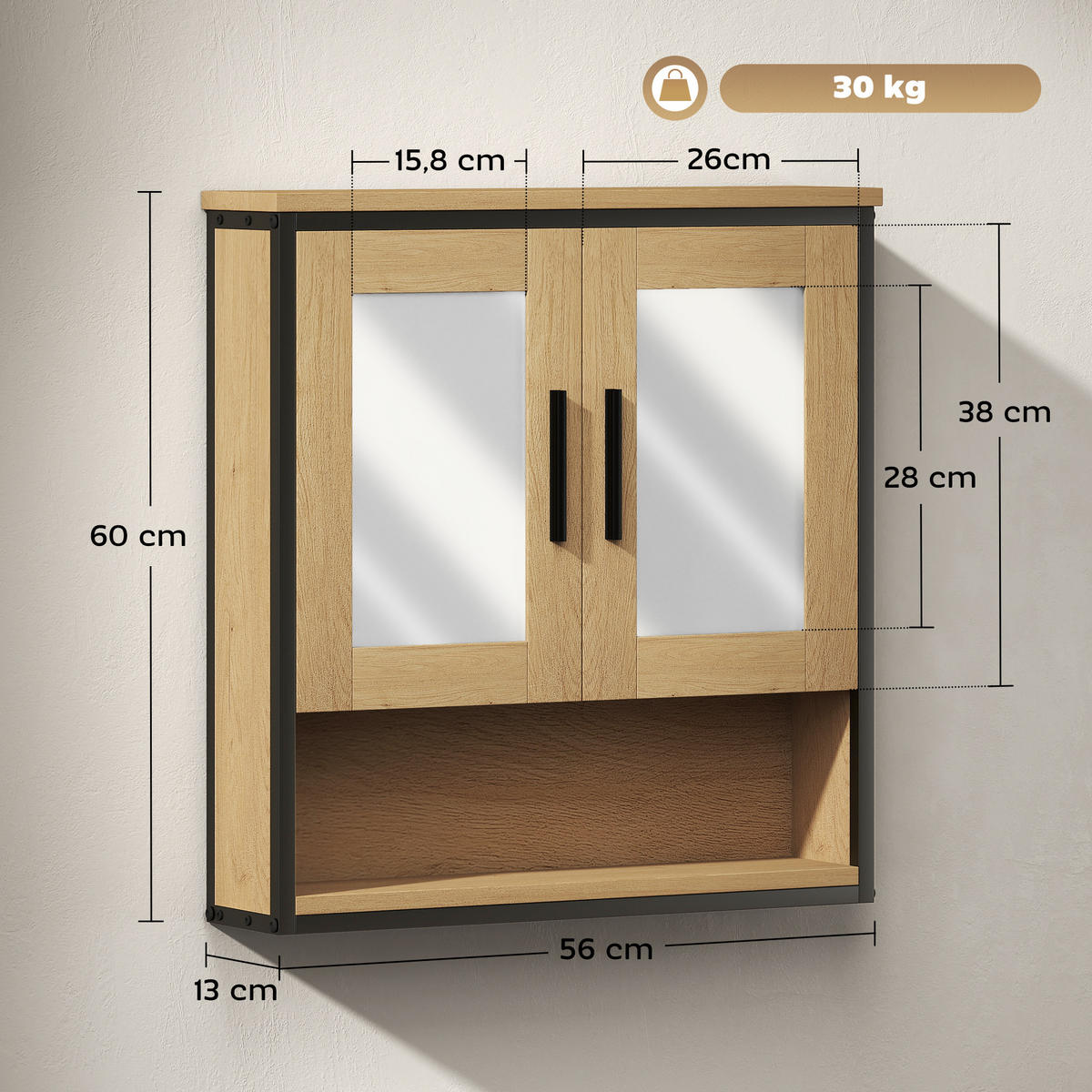 SPIEGELSCHRANK Eichenfarbe und Schwarz 56/13/60 cm - Eichefarben, Holzwerkstoff (56/60/13cm) - PANGIVO