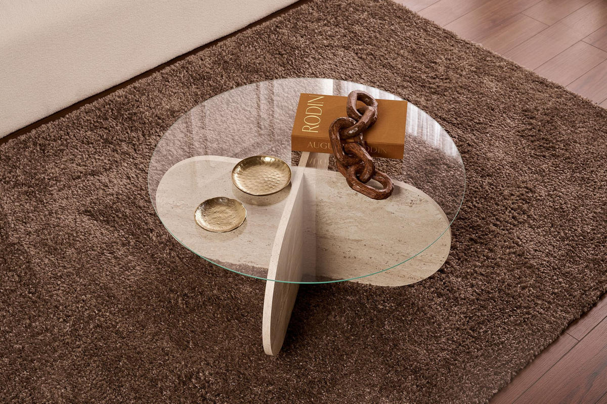 COUCHTISCH Aeris Travertin/Transparent - Transparent/Beige, Holzwerkstoff (75/75/35cm) - Habitat Garten