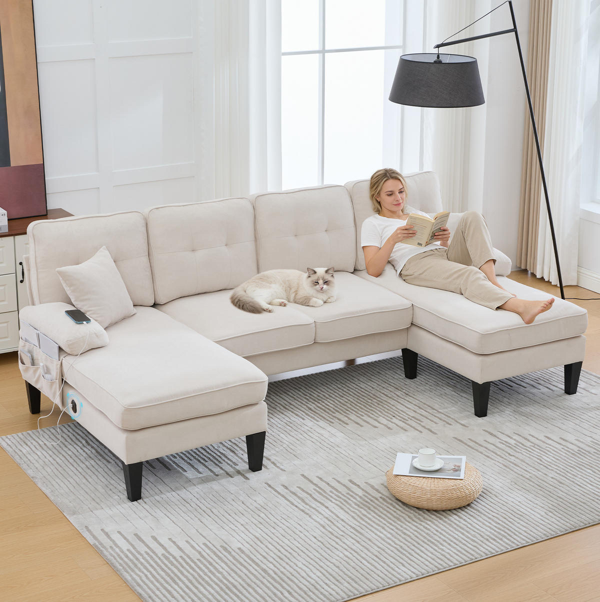 WOHNLANDSCHAFT aus Leinenstoff 250x130x88 cm in Beige mit USB - Beige, Textil (130/88/250cm) - Modfu