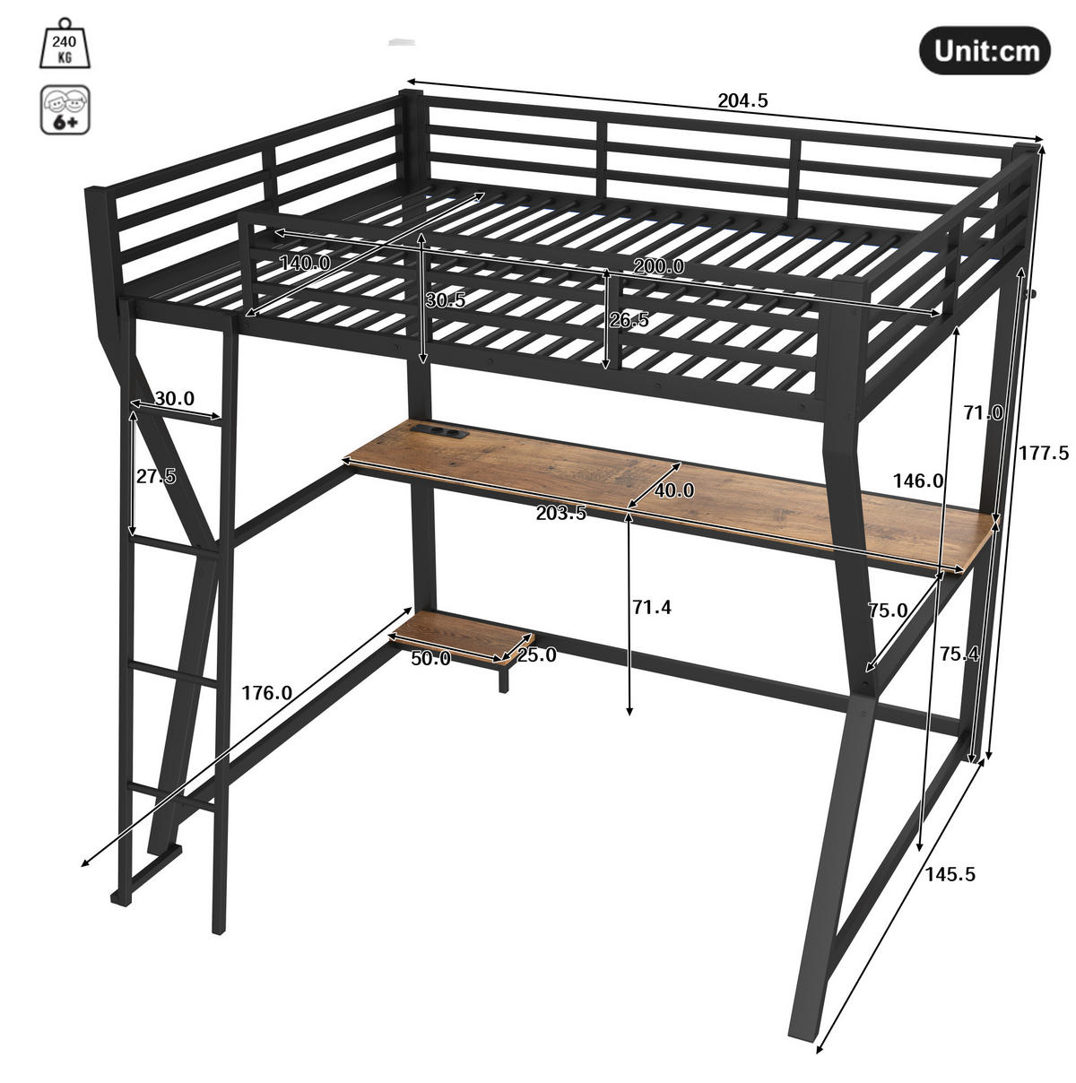 HOCHBETT aus Metall und MDF 140x200 cm Schwarz mit Schreibtisch, LED-Beleuchtung und USB-Anschluss - Schwarz, Metall (140/200cm) - IVMEU