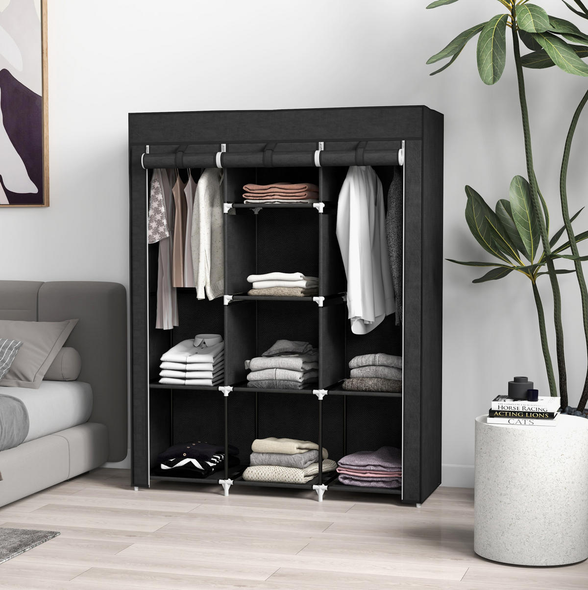 KLEIDERSCHRANK aus Stoff 125x43x162,5 cm Schwarz mit 2 Kleiderstangen und 8 Einlegeböden - Schwarz, Textil (125/162.5/43cm) - Modfu