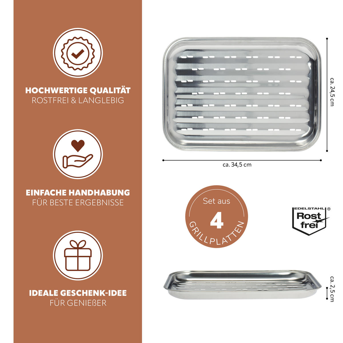 GRILLSCHALE 4er-Set, silber, Edelstahl - Edelstahlfarben, Metall (35/2.5/24.5cm) - bremermann