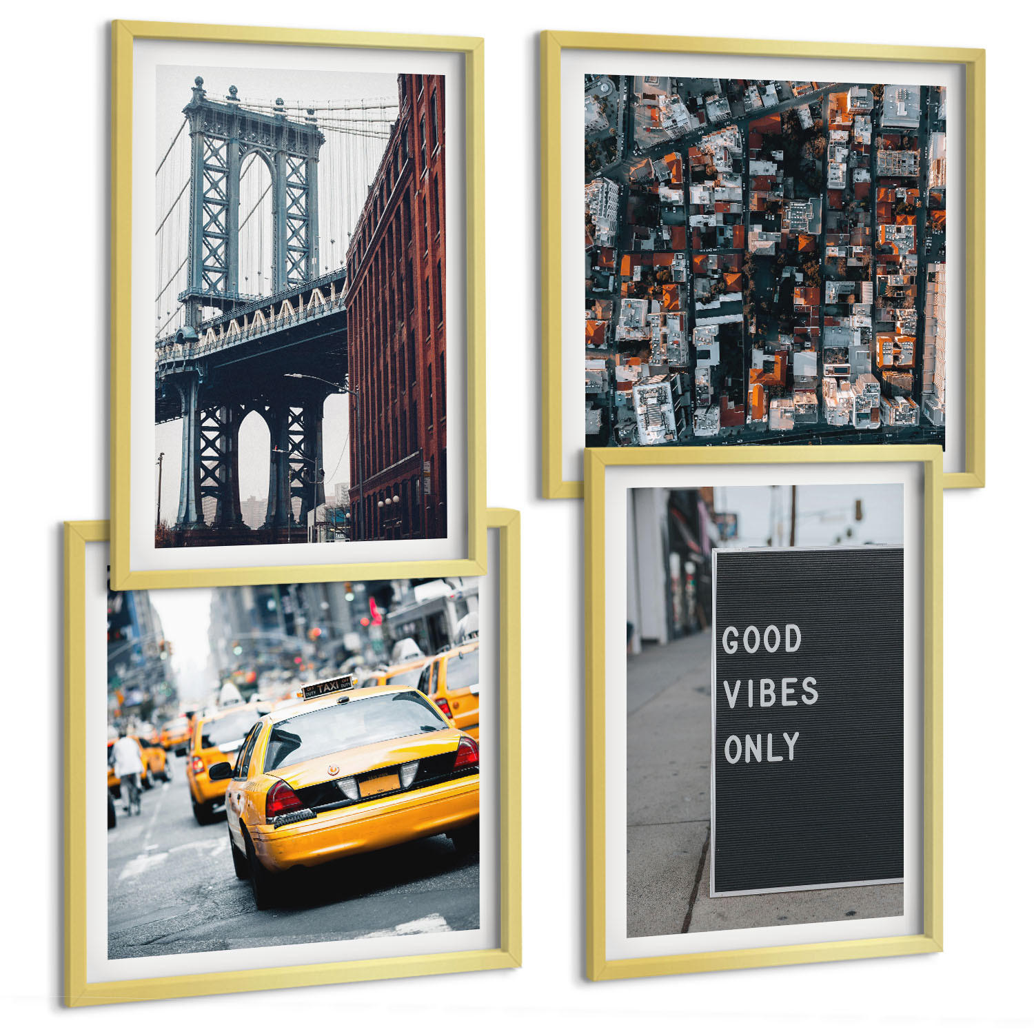 BILDER SET 4er Set - 50x50 cm & 40x60 cm Goldrahmen - Brückenstadt-Inschriften aus der Vogelperspektive - Goldfarben, Kunststoff (50/50cm) - TULUP