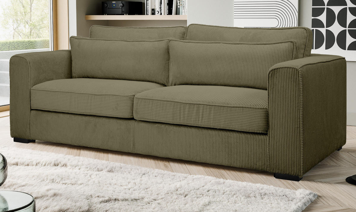 SOFA khaki Cord 3-Sitzer 241 cm, Couch mit Wellenfederung - Dunkelgrün/Schwarz, Holzwerkstoff/Kunststoff (241/92/112cm) - Inn.Furn