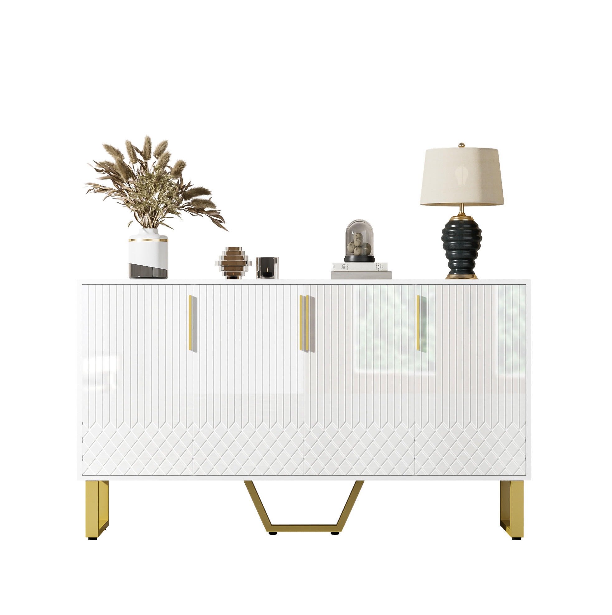 SIDEBOARD 140/40/80 cm aus MDF mit 4 Türen, Hochglanzfront und geometrischem Design, Weiß - Weiß, Holzwerkstoff (140/80/40cm) - Redom